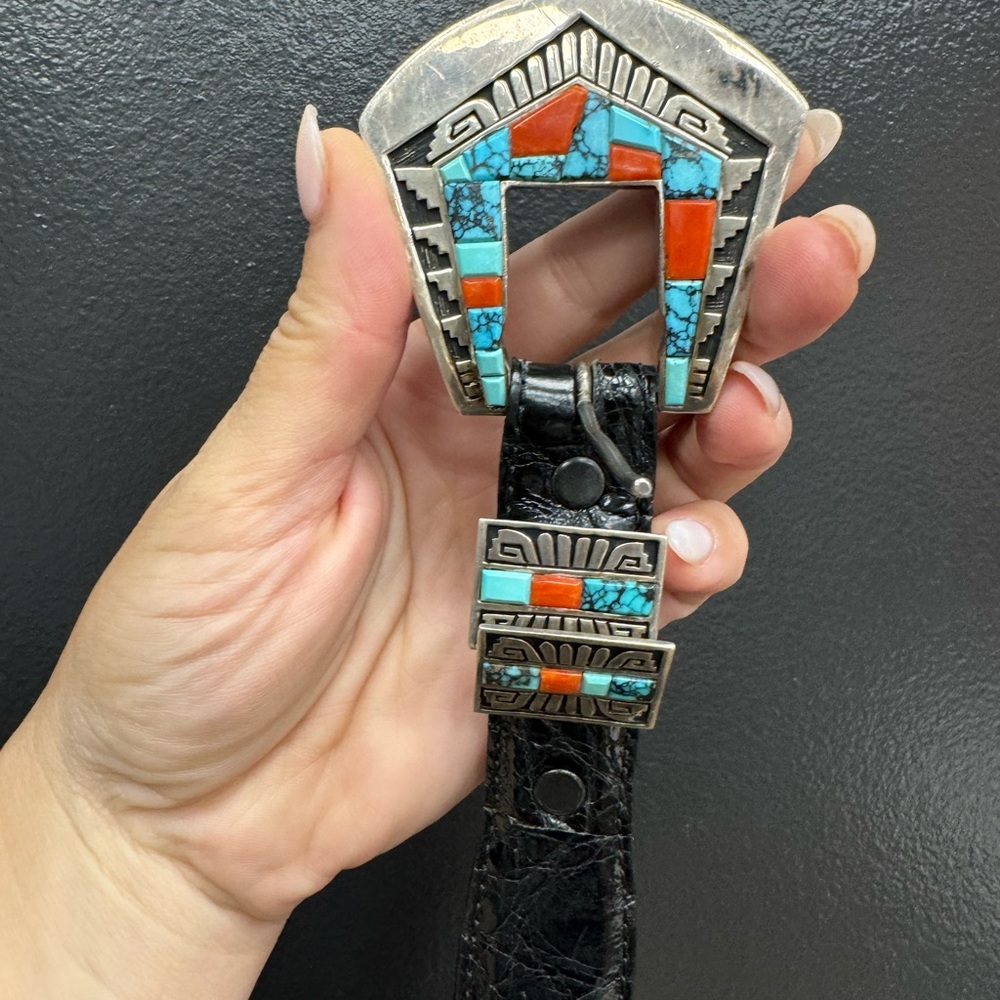 Native American Navajo Sterling Silver turquoise coral Genuine Alligator belt